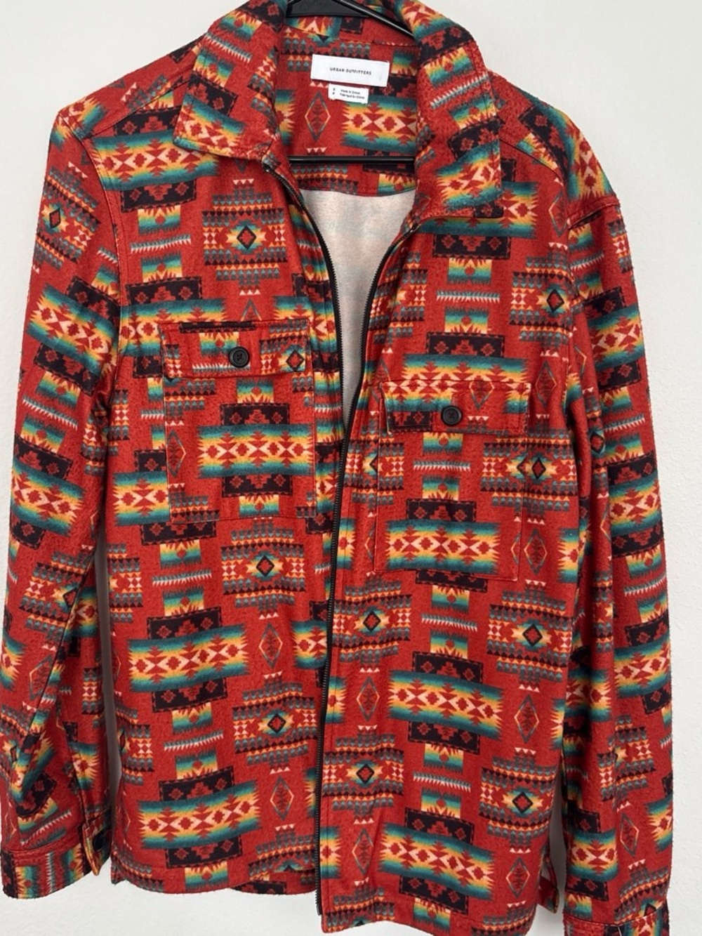 Urban Outfitters Red Aztec Zip Shirt Jacket with Multicolor Pattern